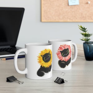 Cat Lover Gift, Flower Cats by Kalleid Ceramic Mug 11oz, double-sided design