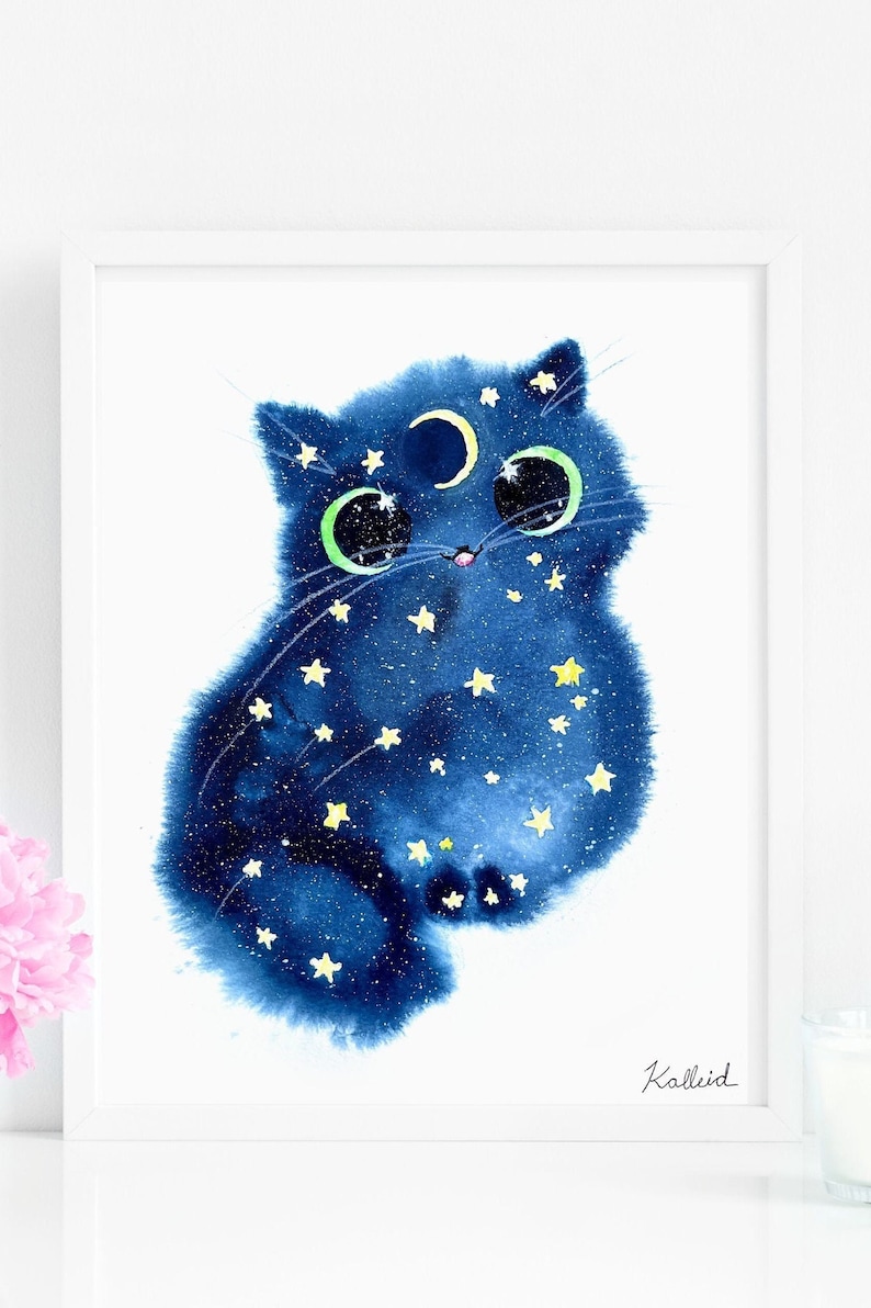 Moon and Stars Cat Art Print, INSTANT DOWNLOAD Art Printable, Cat Lover Gift Decor image 1