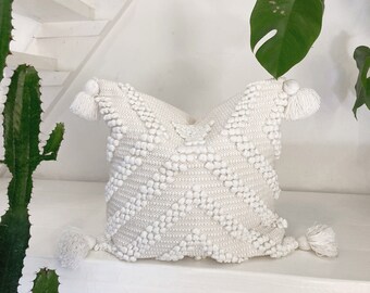 Géométrique Boho Boho Housse de Coussin Glands Coton Style Marocain Confortable Tissé Moelleux Blanc Oreiller Côtier Plage Chambre Canapé-Lit Décor