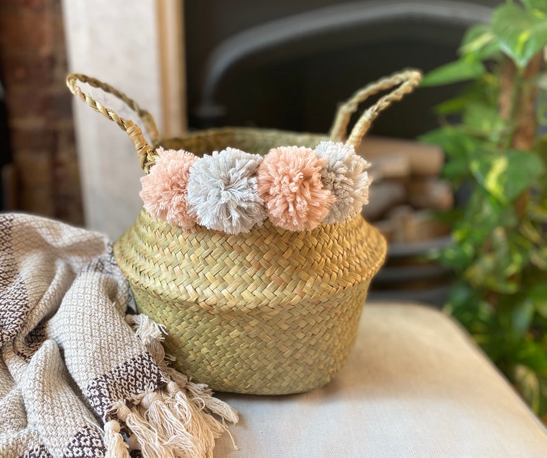 Blush Pink Grey Pom Pom Woven Seagrass Belly Basket Straw Etsy