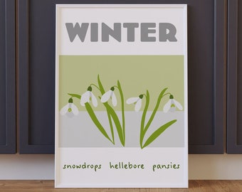 Winter Illustration / Flowers Print / Illustration / Maximalism Print / Print / Retro-inspired Flowers / Retro-inspired / Snowdrops