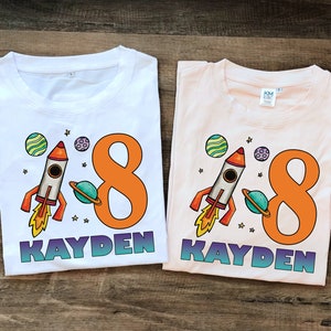 Rocket Ship Birthday Shirt - Watercolor Rocket Ship Illustration - Space T-Shirt - Kid Shirt - Personalized Age Birthday Shirt