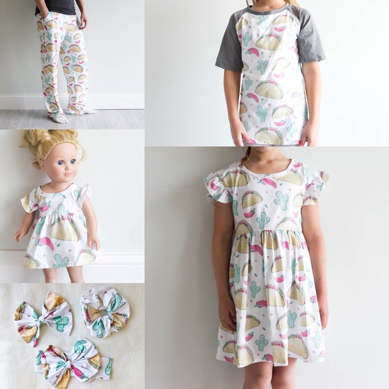 May include: A set of matching clothing featuring a white background with a print of colorful tacos, cacti, and red peppers. The set includes a pair of pants, a short-sleeved dress, a long-sleeved dress, and a doll-sized dress.