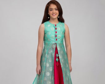 Girls Sea Green & Pink Printed Foil Print Ready to Wear Lehenga Choli | Ethnic Wear Party Dress For Girls | Traditionally Wear Lehenga Choli