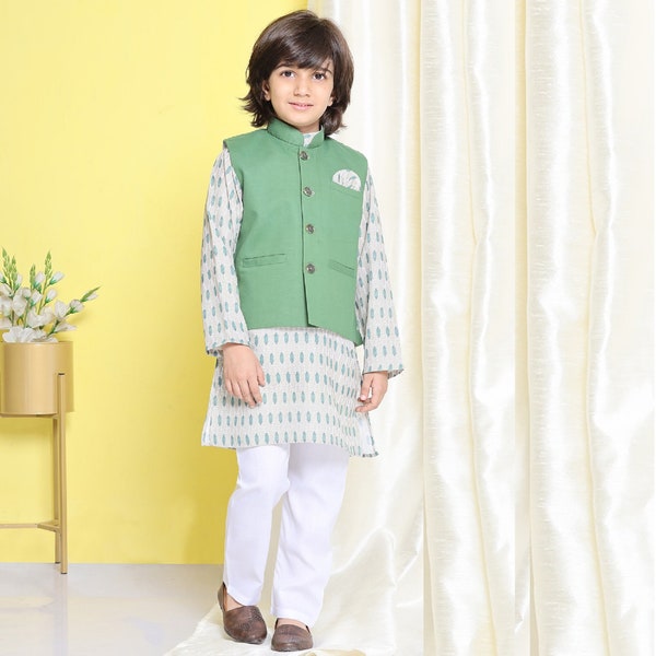 Ensemble de gilet de pyjama kurta en coton traditionnel indien gilet vert ethnique | Ensemble Kurta ethnique 3 pièces pour garçons