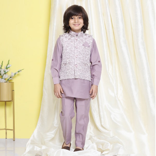 Purple Kurta Pajama Waistcoat Set Ethnic Wear Boys Sherwani Kurta Payjama | Boys Ethnic 3Pcs Kurta Set