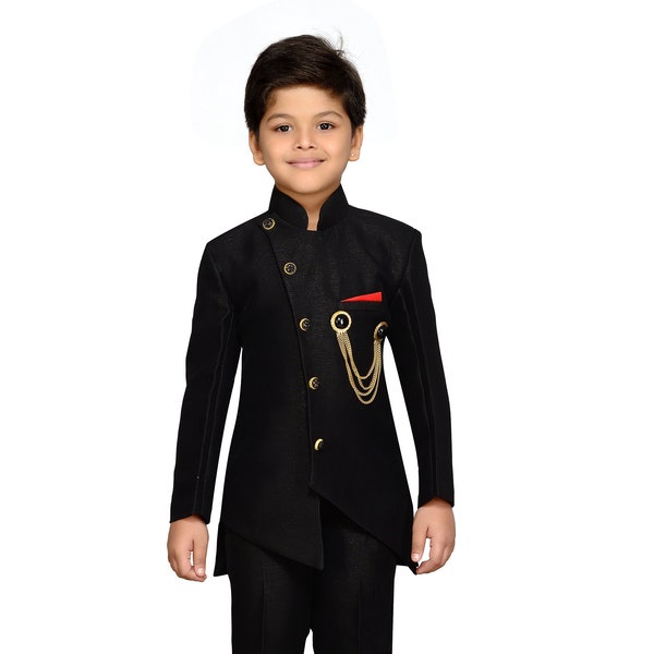 Kids Indian Wear Sherwani Suit Set For Boys Black Silk Blend Wedding Party Wear Sherwani Traditional Wear Kurta Trouser Kids Sherwani