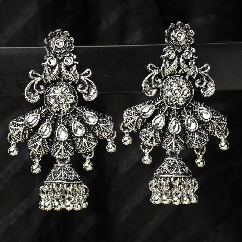 Ethnic Silver Oxidised Jhumka Earrings For Women