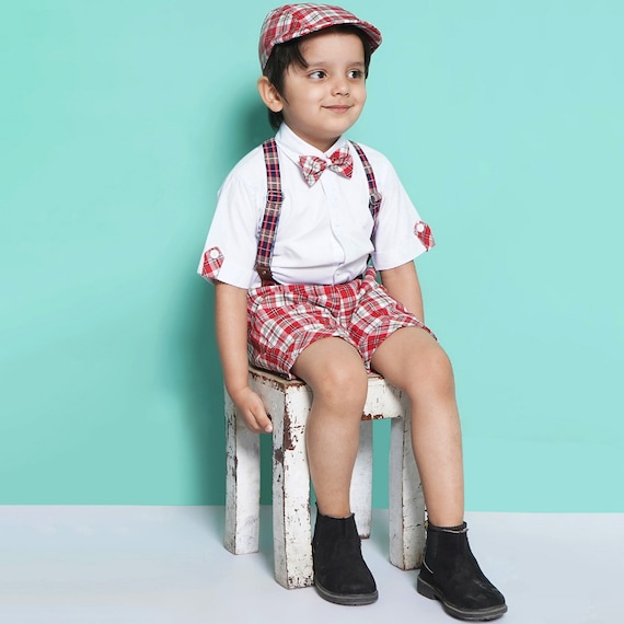 Baby boy red shorts with best sale suspenders