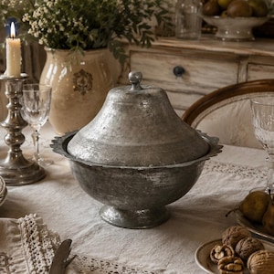 Antique Primitive Copper Bowl with Lid, Rustic Countryside Decor, Vintage Aegean and Mediterranean Anatolian Container