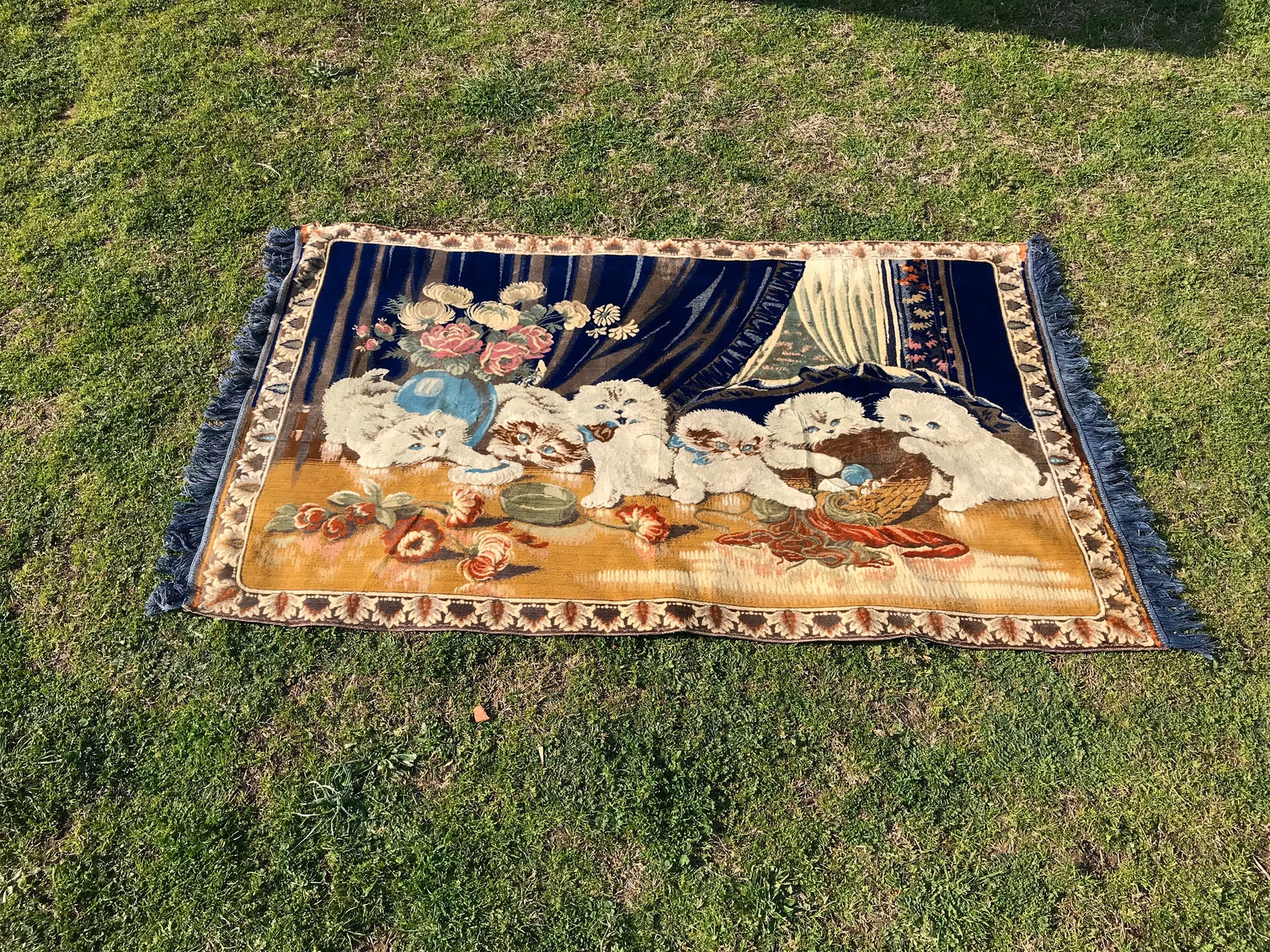 1960s Vintage Wall Rug With Kittens, Wall Carpet, Vintage Rug, Kilim