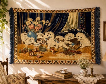 Vintage Kitten Tapestry Wall Hanging, Retro Cat Sofa Throw, 70s Turkish Woven Textile, Cottagecore Cat Decor, Grandma Chic Rug