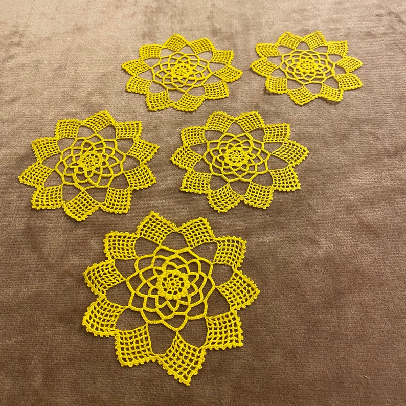 1960s Vintage Lot of 5 Yellow Coffee Table Doilies / Coasters / Farmhouse Decor / Handmade Crochet Antique French Style Vintage Doily Lot image 2