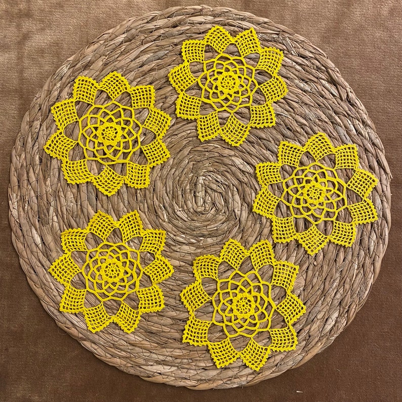1960s Vintage Lot of 5 Yellow Coffee Table Doilies / Coasters / Farmhouse Decor / Handmade Crochet Antique French Style Vintage Doily Lot image 4
