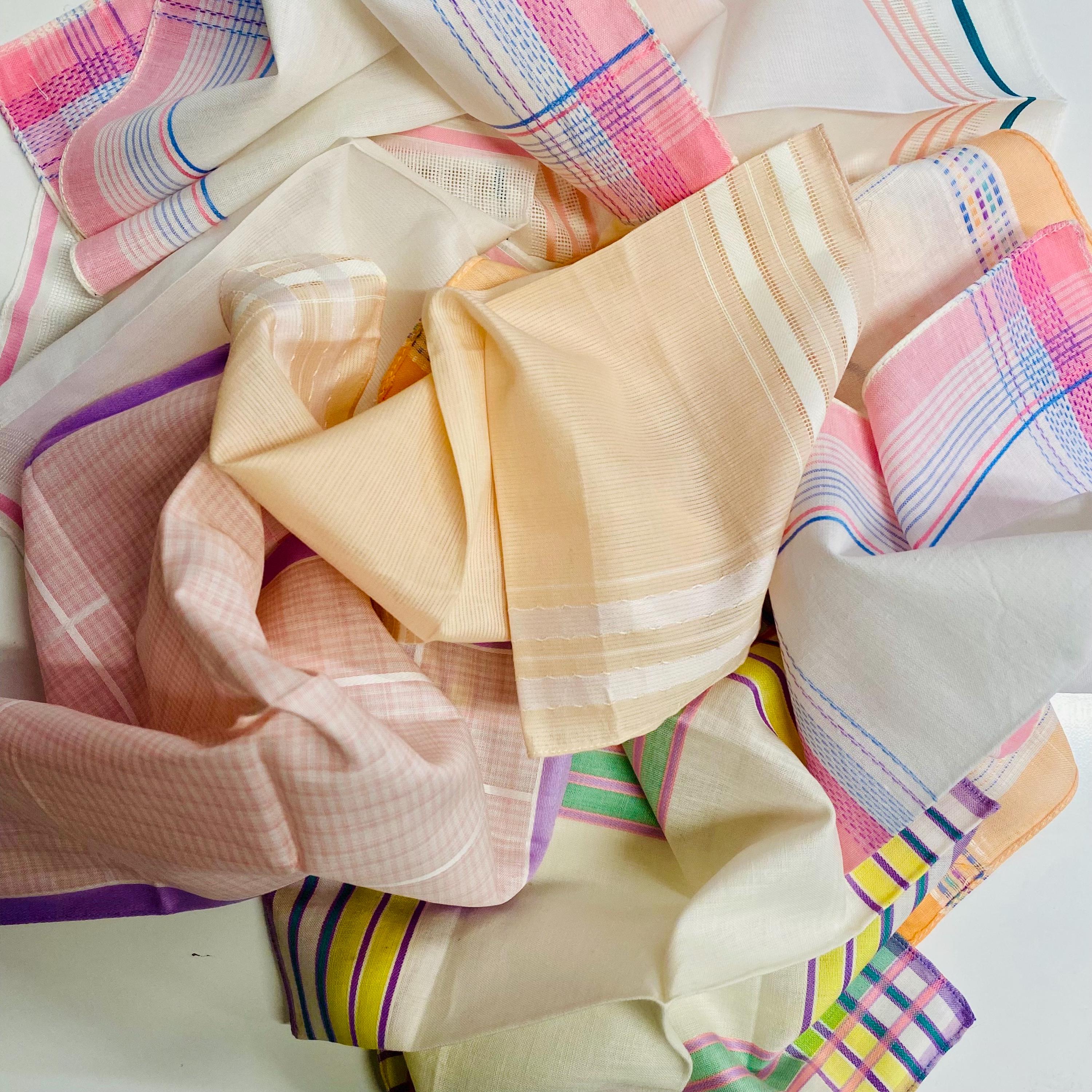 Circa 60s and 70s Cotton Lot of 8 Handkerchiefs in Pastel Colors / Collectible Cotton Mid-century Kerchiefs