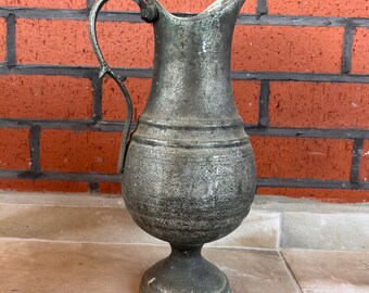 Antique Hammered Copper Pitcher, Copper Vessel, Rustic Farmhouse Dining Room Decor, Wabi Sabi Copper Pot, Vintage Anatolian Pot