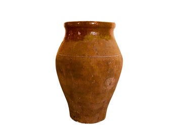 Antico vaso di terracotta primitivo, anfora rustica, recipiente per olio d'oliva d'epoca dell'Egeo e del Mediterraneo, vecchia brocca greca