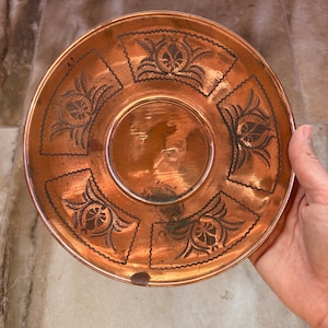 Antique Primitive Hand etched Copper Plate, Rustic Countryside Decor, Vintage Aegean and Mediterranean Copper Anatolian Copper Plate