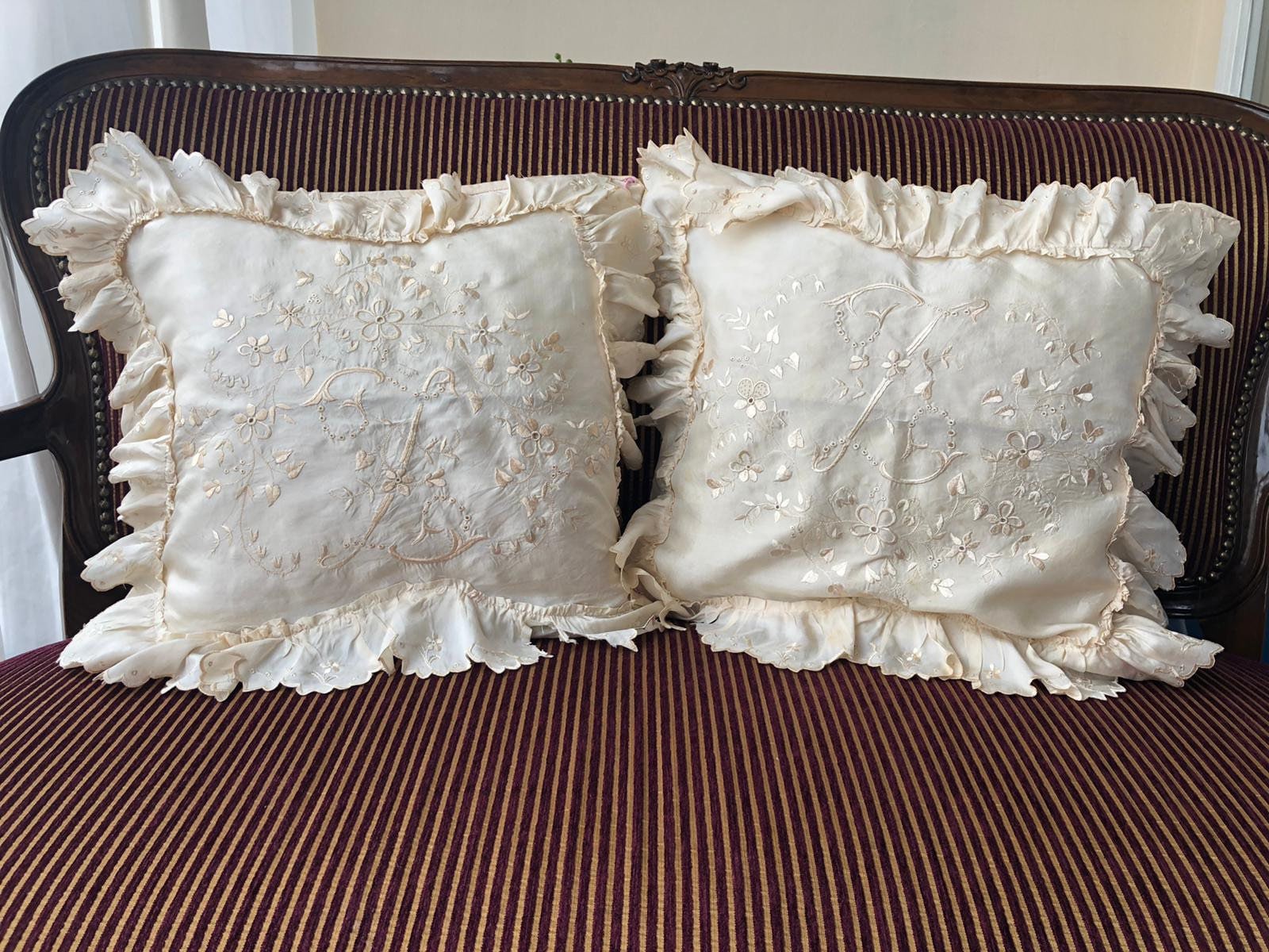 1930s Vintage Antique Set of 2 Silk Pillow Cases, Antique French 