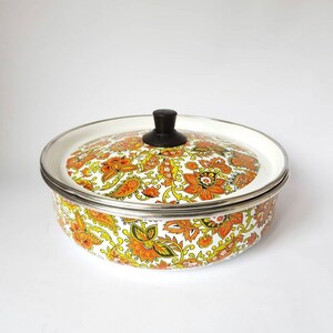 1980s Vintage Pop-art Floral Garden Enameled Pot, Enameled Pot with Lid, Vintage Kitchen Utensils, Retro Enameled Cooking Pot