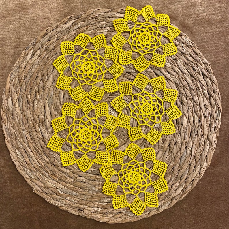 1960s Vintage Lot of 5 Yellow Coffee Table Doilies / Coasters / Farmhouse Decor / Handmade Crochet Antique French Style Vintage Doily Lot image 3