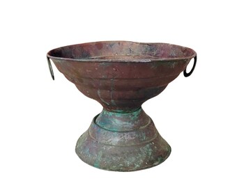 Antique Primitive Copper Brasier, Old Fire Bucket, Rustic Countryside Decor, Vintage Ottoman Pedestal Bowl
