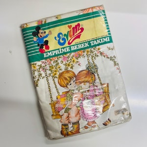1960s Vintage Baby Crib Duvet Set, Antique Duvet Set including Duvet Cover, Sheet, and 2 Pillowcases