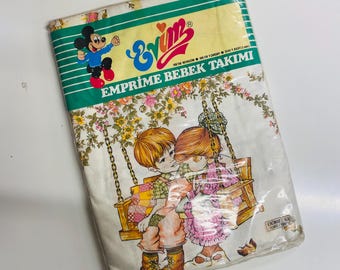 1960s Vintage Baby Crib Duvet Set, Antique Duvet Set including Duvet Cover, Sheet, and 2 Pillowcases