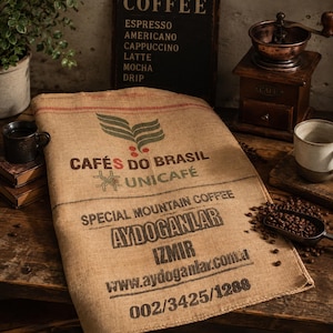 Könnte beinhalten: Ein Kaffeesack aus Jute mit der Aufschrift "CAFÉS DO BRASIL UNICAFÉ" und "SPECIAL MOUNTAIN COFFEE AYDOGANLAR IZMIR". Eine alte Kaffeemühle, eine Tasse Kaffee und ein Schild mit Kaffeegetränken sind ebenfalls zu sehen.
