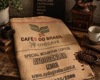 Authentic Coffee Burlap Sack | Rustic Café Decor | Coffee Bean Jute Bag | Farmhouse Coffeehouse Textile | Sustainable Craft Fabric
