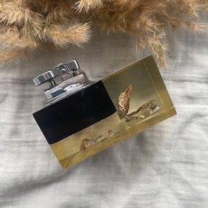 Pode incluir: Um isqueiro vintage com um corpo de plástico preto e transparente. O isqueiro tem uma parte superior prateada e uma seção transparente que contém pequenos objetos secos, marrons e brancos.