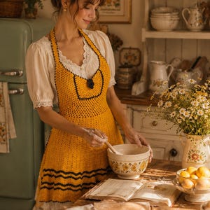 May include: A woman wearing a yellow crochet apron with black trim, mixing ingredients in a floral bowl. The kitchen setting includes a vintage refrigerator, a vase of daisies, and a cookbook on a wooden table. Cookies and lemons are also visible.