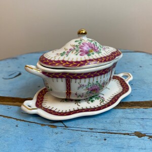 1950s Vintage Miniature Porcelain Sugar Bowl with Tiny Tray / Vintage Home Decor