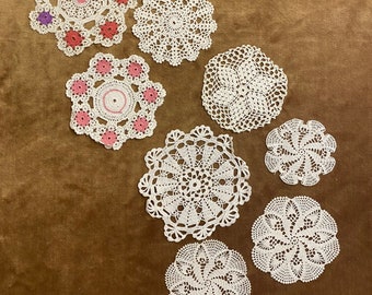 1960s Vintage Lot of Mixed Color Coffee Table Doilies Set of 8 / Farmhouse Decor / Handmade Crochet Antique French Style Vintage Doily Lot