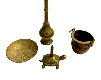 1960s and 70s Copper Decorative Object Lot, Tiny Copper Cauldron, Censer, Bowl, Tortoise Figurine, Vintage Lot Of Decorative Items