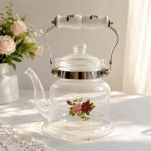 Vintage Floral Glass Teapot | Cottagecore Tea Pot with Porcelain Handle | French Country Kitchen Decor | Rose Borosilicate Glass Tea Kettle