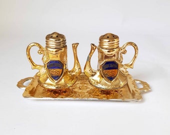 Vintage Gold Color Salt and Pepper Shaker Set in Tea Pot Form, Grand Canton Souvenir, Made in Japan Souvenir Set, Vintage Cruet Set