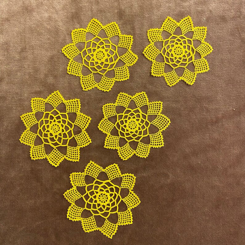 1960s Vintage Lot of 5 Yellow Coffee Table Doilies / Coasters / Farmhouse Decor / Handmade Crochet Antique French Style Vintage Doily Lot image 1