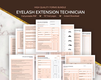 May include: A printable PDF bundle of 18 forms for eyelash extension technicians. The forms include client information, consultation, and aftercare instructions. The forms are designed with a pink and white color scheme.