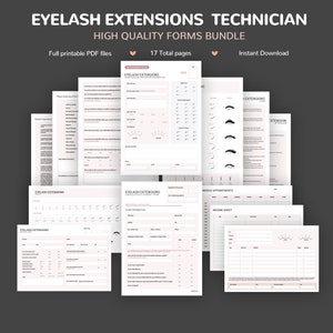 Formulaires de consultation d'extension de cils, Formulaires d'admission du client, Cartographie des cils, Libération du consentement, Carte de suivi, Guide des cils, Téléchargement instantané PDF