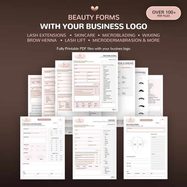 Lash Forms, Microblading Forms, Waxing forms, Skincare Forms, Client Intake Forms, Client Consent Forms, PDF Forms bundle with your logo