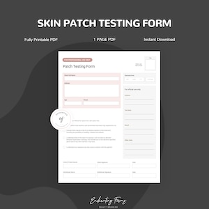 Formulario de prueba de parche cutáneo para esteticista, descarga instantánea en PDF después de la compra (inglés)