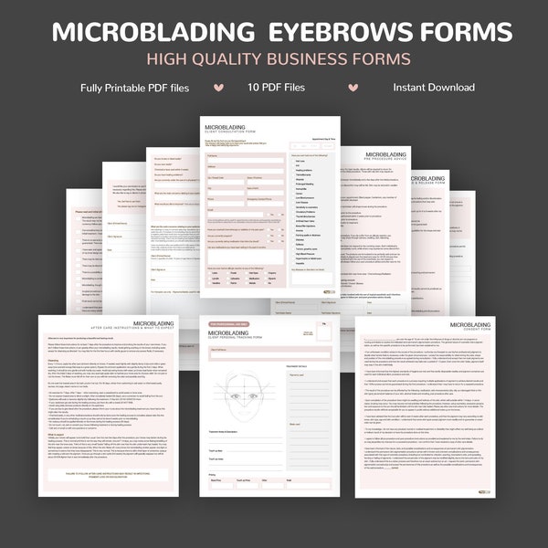 Microblading Consultation Forms, Permanent Makeup Cosmetic Tattoo PMU Consent Form, Brow Tattoo Form, Esthetician Forms, Aftercare Form