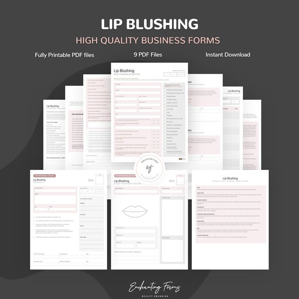 Toestemmingsformulier voor lipblush, intakeformulier voor tatoeage voor lipblush, instructies voor en na verzorging, consultatieformulieren voor semi-permanente lipblush