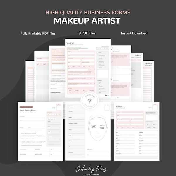 Makeup Artist Forms, Client Intake Form, Client Record Cards, Face Chart, Income Sheet, Instant Download Makeup Artist Business Forms PDF