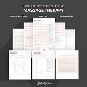 May include: A set of printable PDF forms for massage therapy businesses. The forms include a client intake form, a treatment plan, a body analysis chart, an invoice, and a liability release form. The forms are designed in a minimalist style with a pink and white color scheme.