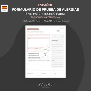 以下が含まれることがあります： 美容師とエステティシャン向けのスペイン語の印刷可能な皮膚パッチテストフォーム。このフォームには、顧客情報、アレルギー、テスト結果のスペースが含まれています。このフォームは、Enchanting Formsによって設計されています。