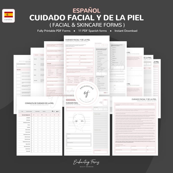 ESPAÑOL (ESPAÑOL) Consulta de cuidado de la piel facial y formularios de consentimiento, registro de tratamiento del cliente, guías y rutinas de cuidado de la piel, descarga instantánea PDF