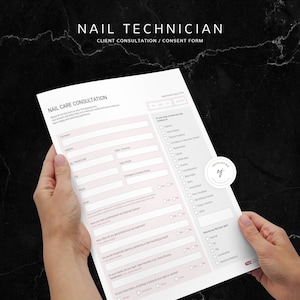Op de afbeelding: Een klantconsultatie- en toestemmingsformulier voor nagelstylisten. Het formulier bevat secties voor klantgegevens, medische geschiedenis, nagelverzorgingsgewoonten en toestemming voor diensten. Het formulier is ontworpen om nagelstylisten te helpen veilige en effectieve diensten te verlenen.