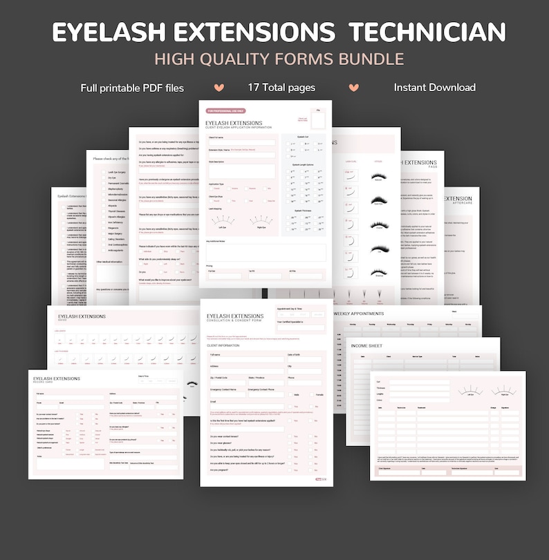 May include: A set of printable forms for eyelash extension technicians. The forms include a consultation and consent form, a weekly appointment sheet, an income sheet, and a client information sheet. The forms are designed to help eyelash extension technicians manage their business and keep track of their clients.